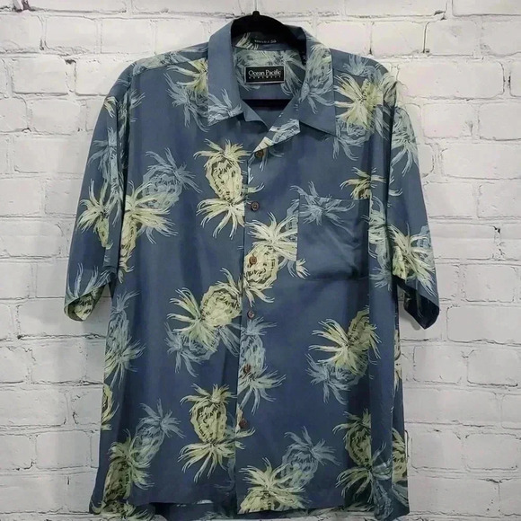 Ocean Pacific Hawaiian Shirt Blue w Pineapples 100% Silk Size L - Picture 1 of 9